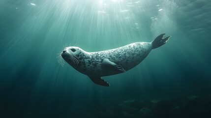 Naklejka premium Seal Swimming Underwater in Sunbeams