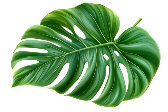 A detailed illustration of a vibrant green Monstera leaf, showcasing its characteristic split and fenestrated shape. The tropical leaf is isolated on a white background.