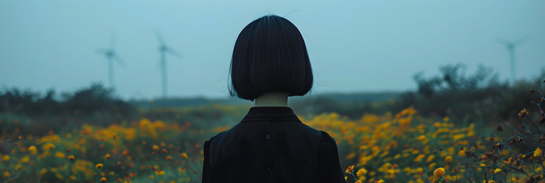 A girl with a dark pageboy haircut in a flower field. Dutch countryside. Early morning. Windmills on the horizon. 