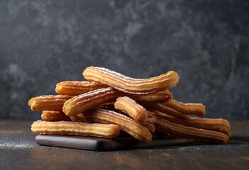 Crispy Golden-Brown Churros with Powdered Sugar on Textured Dark Background