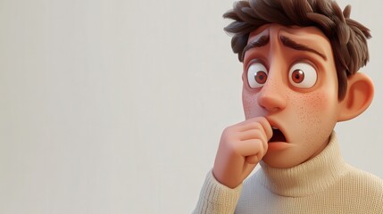 A 3D cartoon character coughing into their hand, with a flushed face and tired eyes, suggesting a bad cough, on a white background 