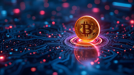 Bitcoin crypto currency gold coins logo as digital cryptocurrency symbol stock financial exchange business market trade. Btc blockchain future payments, investment technology background. Generative AI