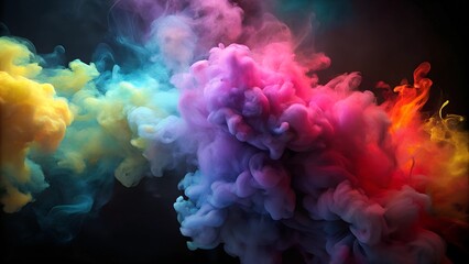 Fototapeta premium Colorful smoke clouds in vibrant shades creating a dramatic visual effect in a dark atmosphere with copy space