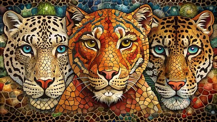 Three majestic big cats, a leopard, a tiger, and a jaguar, in an artistic mosaic style with vibrant colors