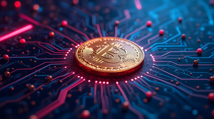 Bitcoin crypto currency gold coins logo as digital cryptocurrency symbol stock financial exchange business market trade. Btc blockchain future payments, investment technology background. Generative AI