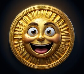 A cheerful, golden sun face emblem with wide eyes and a bright smile, surrounded by radiant beams. The shiny, metallic texture and joyful expression create a whimsical and uplifting mood, perfect for