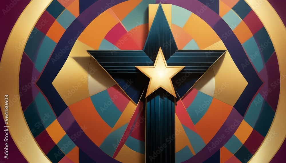 Poster modern abstract sculpture of a star set against a vibrant, multicolored geometric background. the st