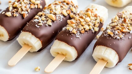 Frozen banana halves dipped in chocolate, sprinkled with chopped nuts and coconut flakes, arranged on wooden sticks. A delicious and healthy frozen treat.