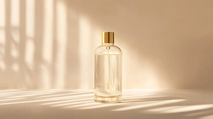 mockup featuring a clear toner bottle with minimalistic gold labeling, placed in front of a soft gradient background