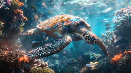 Obraz premium Create an enchanting underwater scene featuring a lone sea turtle gliding gracefully through a vibrant coral reef