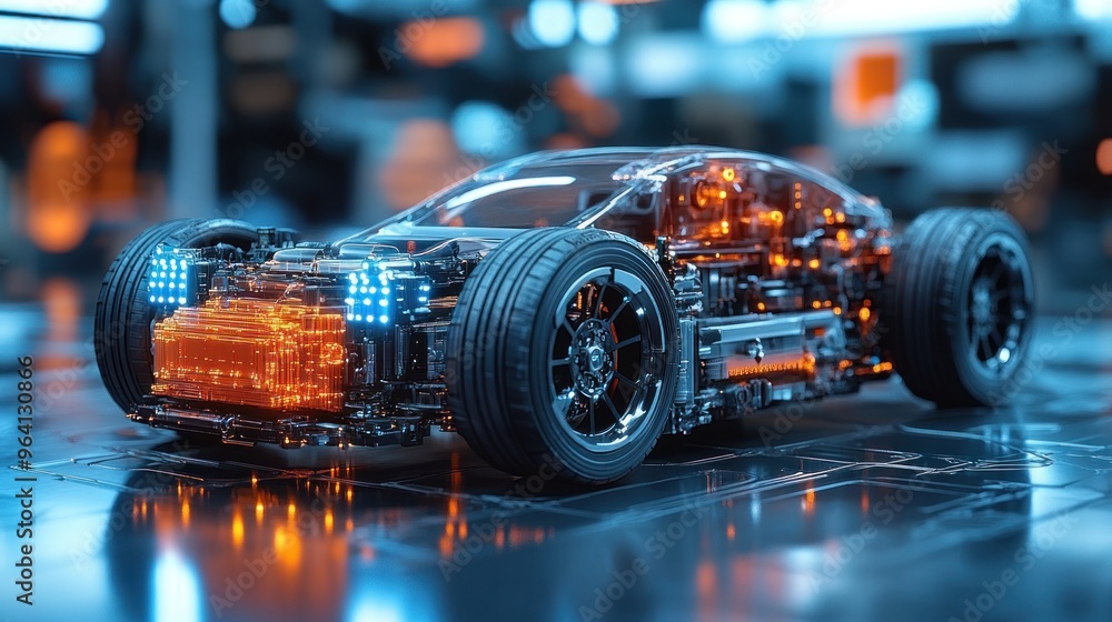 Poster futuristic transparent car model showcasing intricate circuitry.