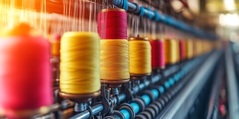 colorful rainbow colored spools of thread in the textile factory workshop
