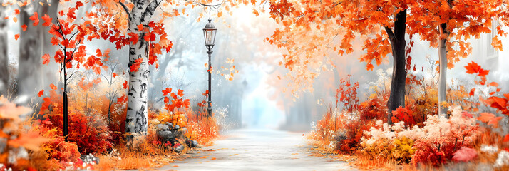 Fototapeta premium Path is winding through trees with colorful foliage on a foggy morning in autumn