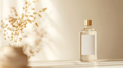 mockup featuring a clear toner bottle with minimalistic gold labeling, placed in front of a soft gradient background