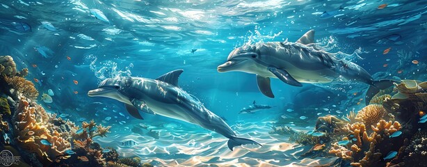 Obraz premium Design a serene underwater world where a group of dolphins swim gracefully through the clear blue waters