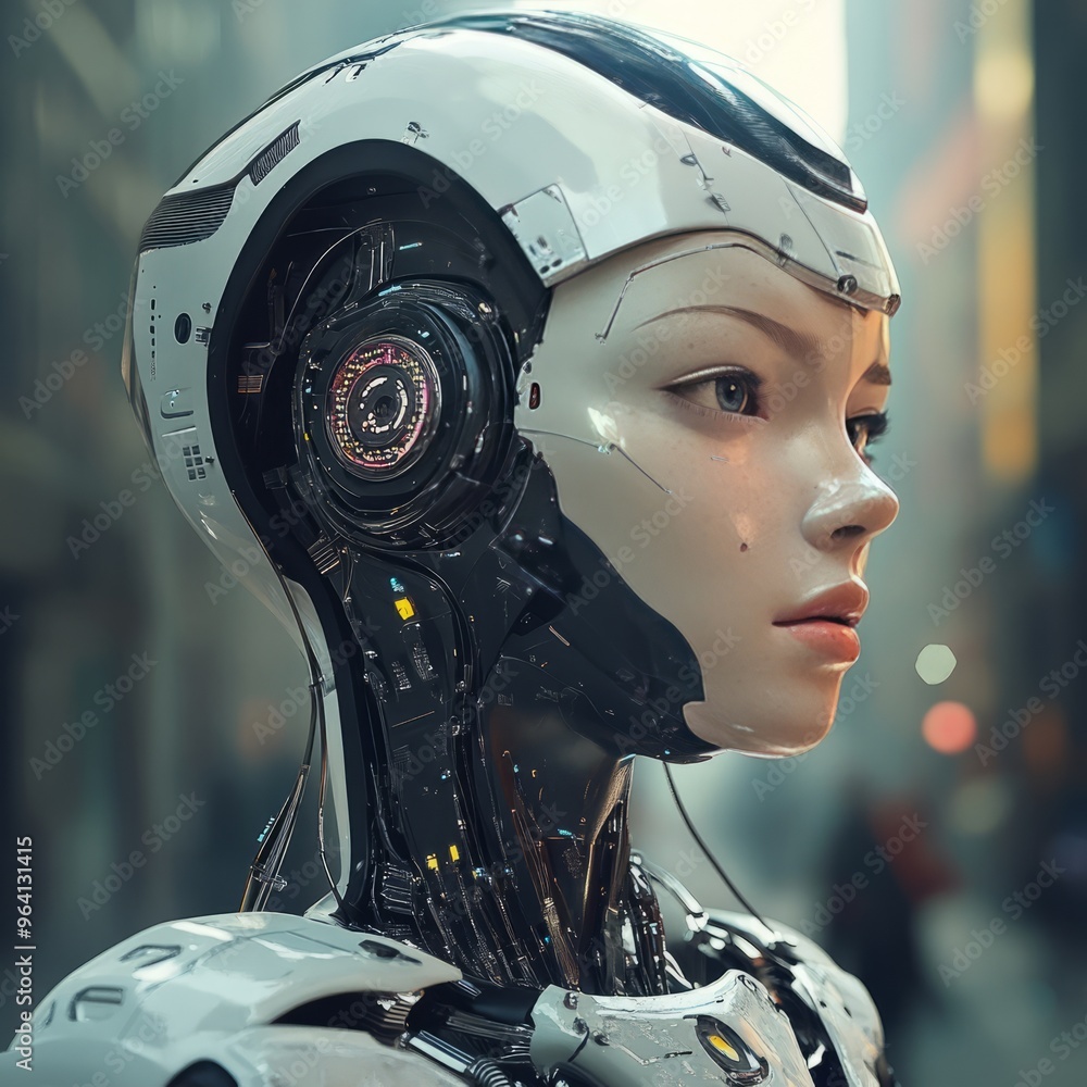 Sticker Close-up of a female android's head, revealing intricate mechanical details and a soft human-like face.