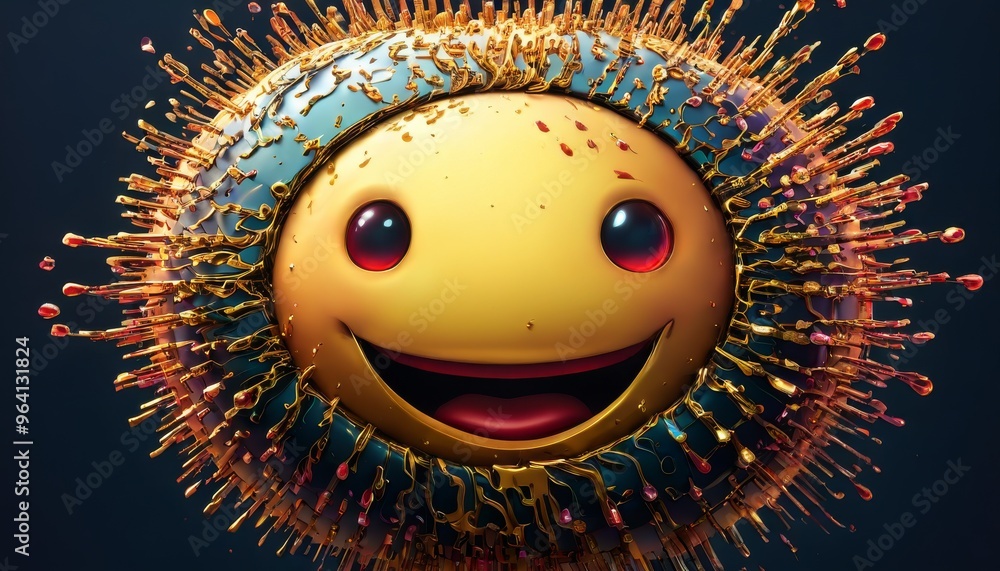 Poster a vibrant yellow smiling emoticon surrounded by colorful splashes in a 3d rendered image. the expres