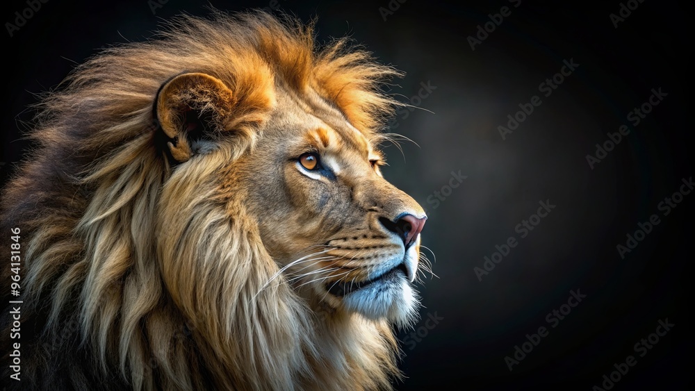 Wall mural side profile of a lion's head with intense eyes, mane highlighted by soft light on a black backgroun