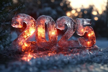 Fiery 2023 numbers in snowy winter landscape with warm lighting