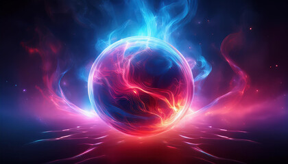 Obraz premium Abstract round magical energy sphere. Glowing electric ball in neon blue red clouds of smoke.