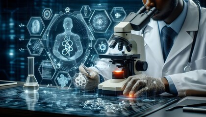 Innovative medical research with a scientist using a microscope and digital data visualization for advanced healthcare and biotechnology analysis