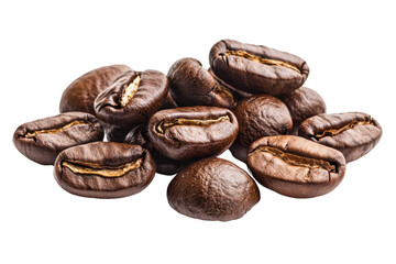 Close-up of roasted coffee beans in a heap, showcasing texture and rich brown color. Perfect for illustrating coffee themes and culinary arts.