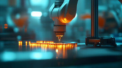 Close-up shot of a high-tech robotic arm assembling small components on a production line, illuminated by soft industrial lighting