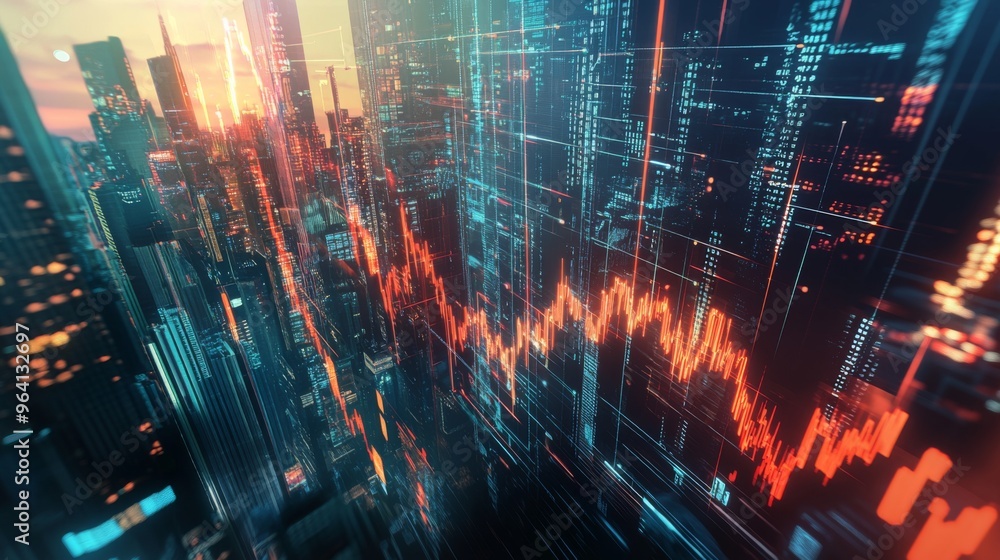Poster a 3d rendering of a stock market graph with rising and falling lines, overlaid on a city skyline, sy