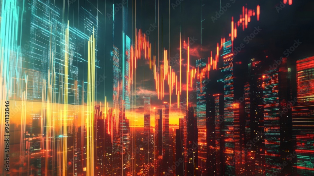Poster a 3d rendering of a stock market graph with rising and falling lines, overlaid on a city skyline, sy