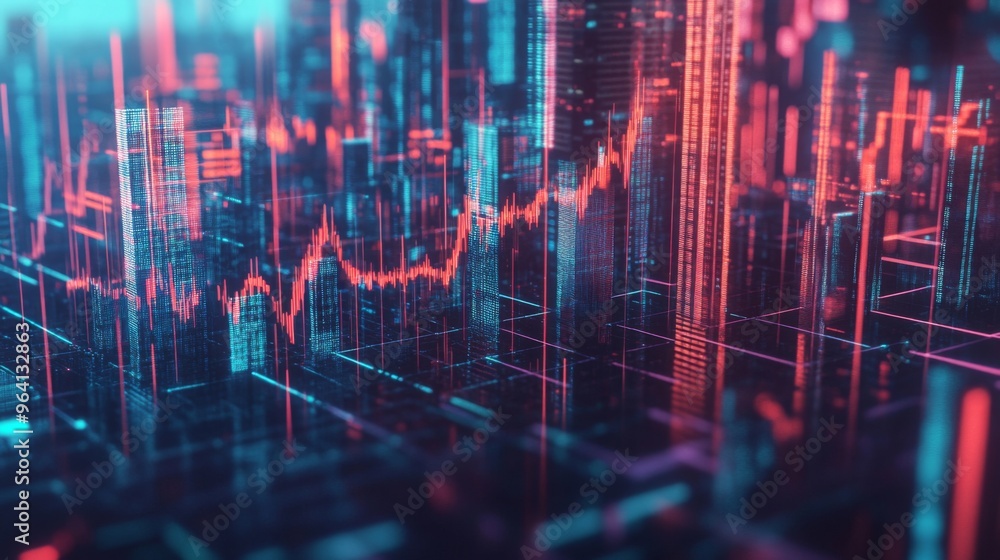 Poster a 3d rendering of a stock market graph with rising and falling lines, overlaid on a city skyline, sy