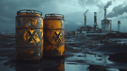 Two Yellow gas barrels are located in Industrial Abandoned Land