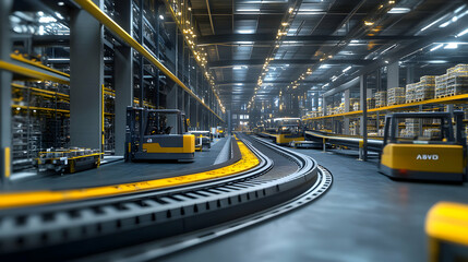 Wide-angle view of a futuristic automated warehouse with robotic forklifts and conveyor belts moving products efficiently