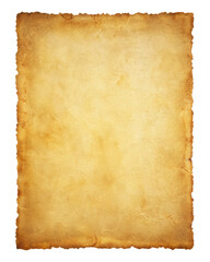 Aged vintage parchment paper texture with a worn and weathered look, featuring rough edges and a warm, golden tone. Isolated on transparent background, png.