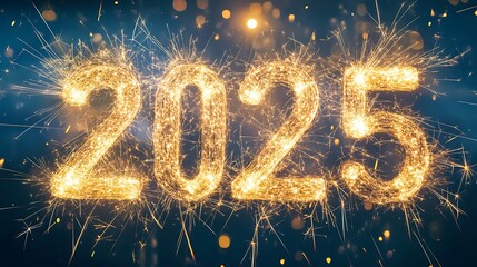 The year 2025 formed with burning sparklers against a dark blue background with out-of-focus lights.