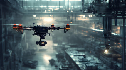 Industrial drone flying over a large factory, capturing data with a mounted camera, set against the backdrop of a tech-filled environment