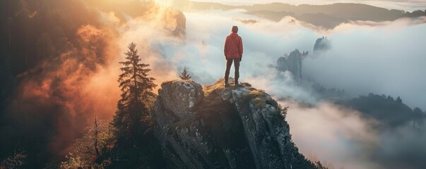 An individual stands on a rock in a serene misty lake surrounded by a dense forest and towering mountains in the background, bathed in soft light
