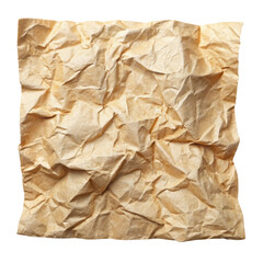 Crumpled brown paper sheet with prominent wrinkles and texture, giving a rugged, distressed look. Ideal for craft projects or vintage design themes. Isolated on transparent background, png.