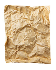 Wrinkled brown paper sheet featuring folded texture and creases, offering a weathered and distressed appearance. Ideal for vintage projects. Isolated on transparent background, png.