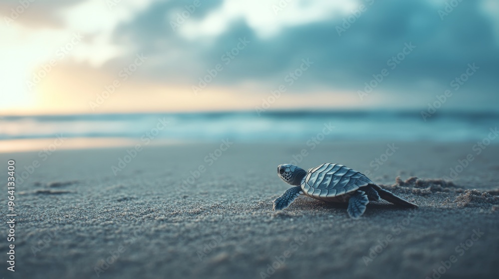 Poster a baby sea turtle hatchling making its way to the ocean from a nest on the beach, symbolizing the be
