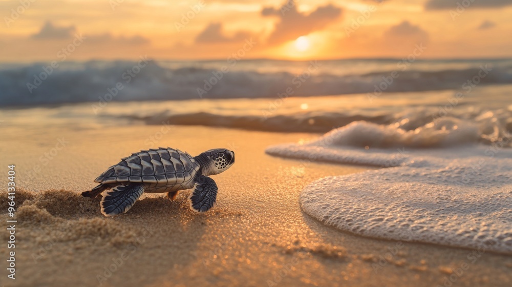Poster A baby sea turtle hatchling making its way to the ocean from a nest on the beach, symbolizing the beginning of its journey and the importance of marine conservation.