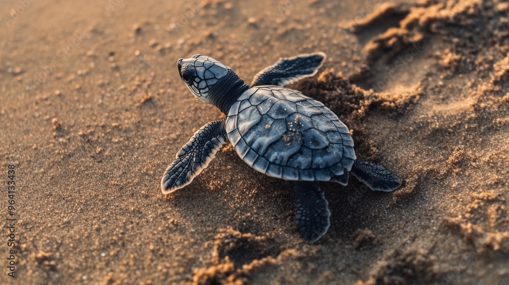 Poster a baby sea turtle hatchling making its way to the ocean from a nest on the beach, symbolizing the be