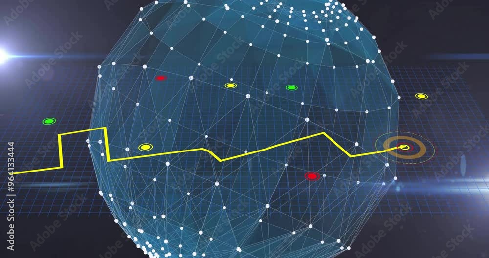 Poster animation of network of connections over globe and light trails on black background
