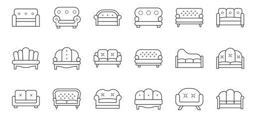 Sofa and chair, thin line icon set. vector