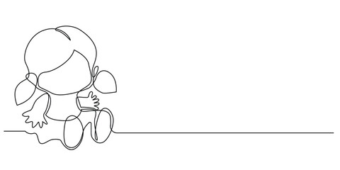 continuous line of girl doll.one line drawing of little girl doll.girl's childhood toy.single line illustration.isolated white background