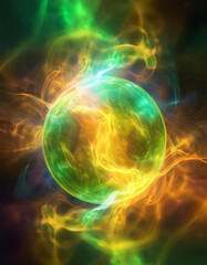 Fototapeta premium Abstract round magical energy sphere. Glowing electric ball in neon green yellow clouds of smoke.