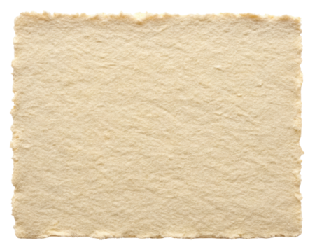 Textured cream handmade paper with rough, uneven edges, perfect for artistic projects, crafts, or vintage-themed designs. Isolated on transparent background, png.