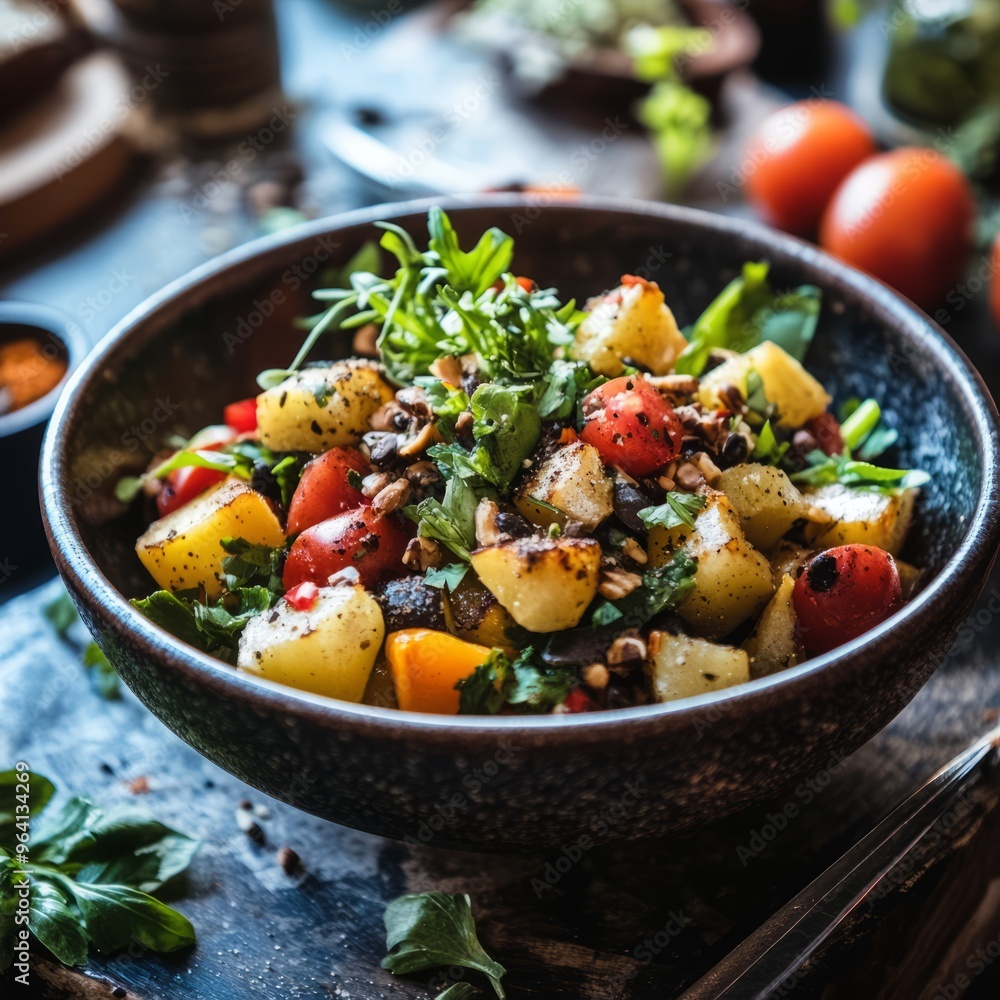 Poster Closeup of a rustic bowl filled with a salad of roasted potatoes, cherry tomatoes, herbs, and nuts.