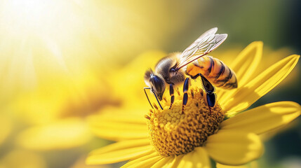 Ujęcie pszczoły, która zbiera nektar z żółtego kwiatu, pokazujące szczegóły zarówno owada, jak i kwiatu.