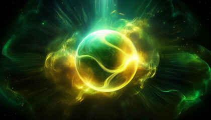 Abstract round magical energy sphere. Glowing electric ball in neon green yellow clouds of smoke.