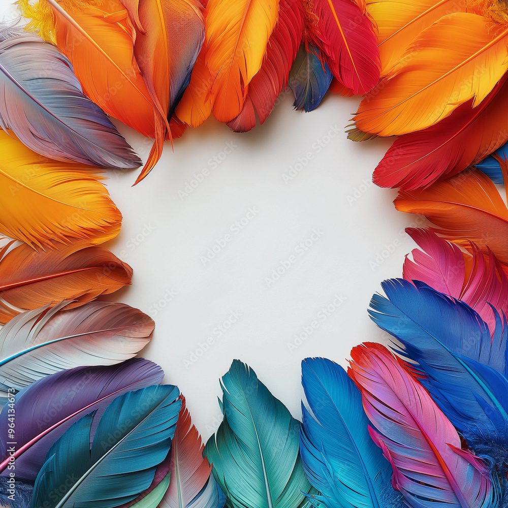 Wall mural Multicolored bird feathers on white background, empty space in the center